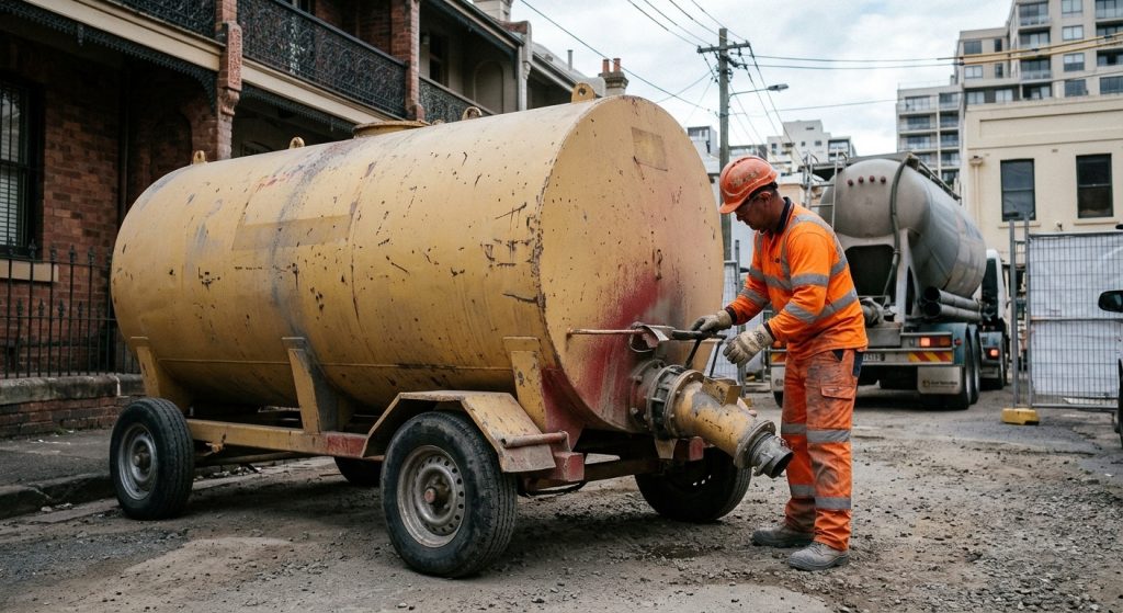 A dusty, mobile horizontal cement silo is set up on a compact construction site